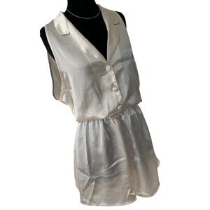Vintage Peter Pan ivory satin poly sleepwear set cream button tank and shorts L